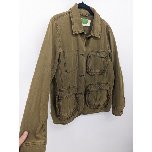 Anthropologie Jacket Womens Small Green Military‎ Utility Coat Canvas Ruffle Y2K - Picture 3 of 10